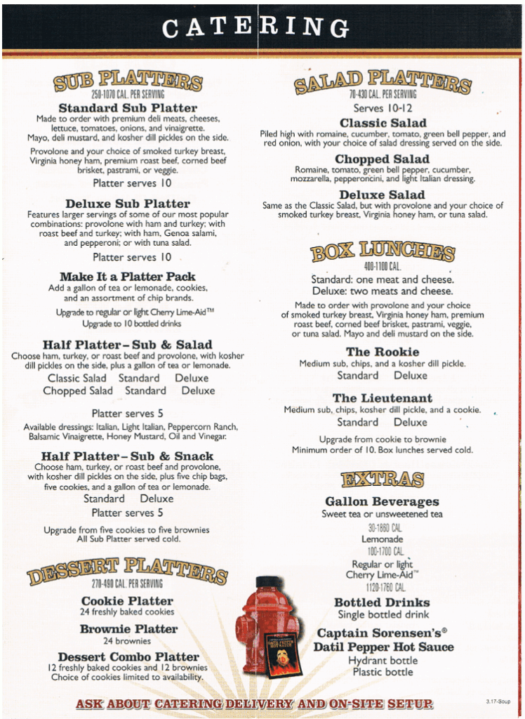 Firehouse Subs Catering Menu